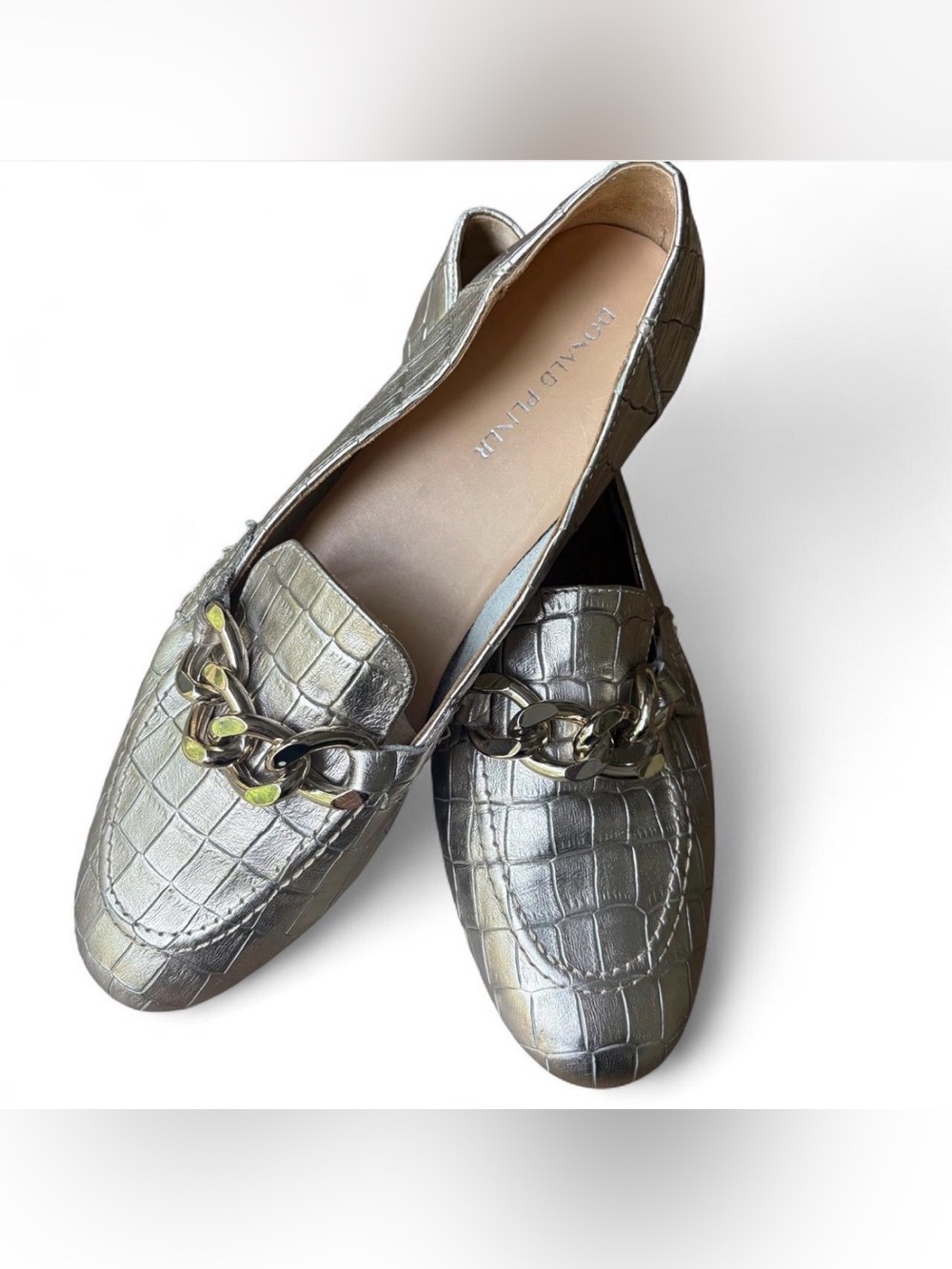 Donald Pliner Balton Metallic Platino Croc Chain Loafers Slip On Shoes Womens 9